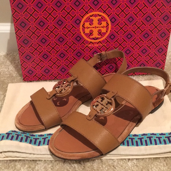 Tory Burch Shoes - Tory Burch Metal Miller Two Band Sandal Tan Size 7